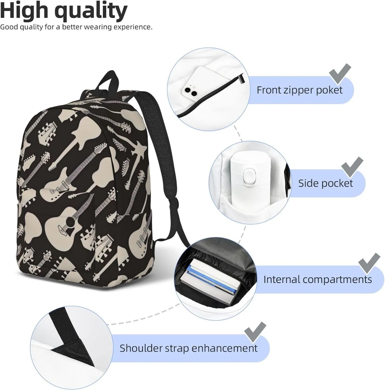 Guitar Pattern Print Canvas Backpack Women,Mens Travel Casual Daypack Bookbag For Laptop Work Travel Hiking