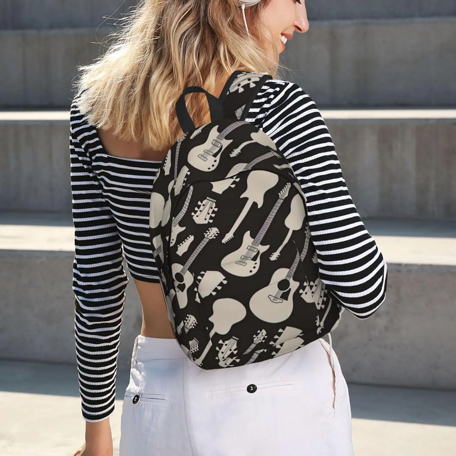 Guitar Pattern Print Canvas Backpack Women,Mens Travel Casual Daypack Bookbag For Laptop Work Travel Hiking