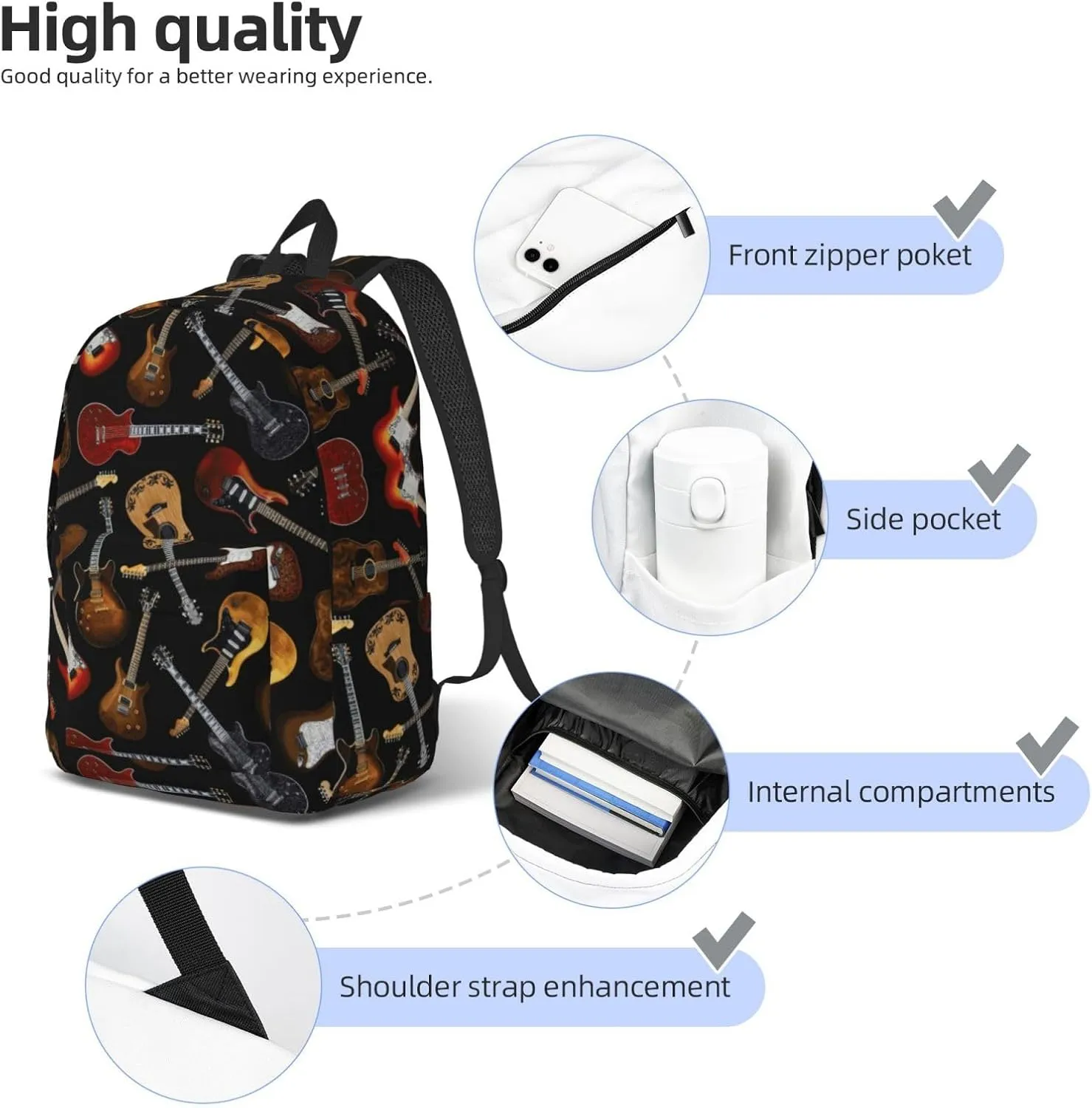 Guitars Print Canvas Backpack Women,Mens Travel Casual Daypack Bookbag For Laptop Work Travel Hiking