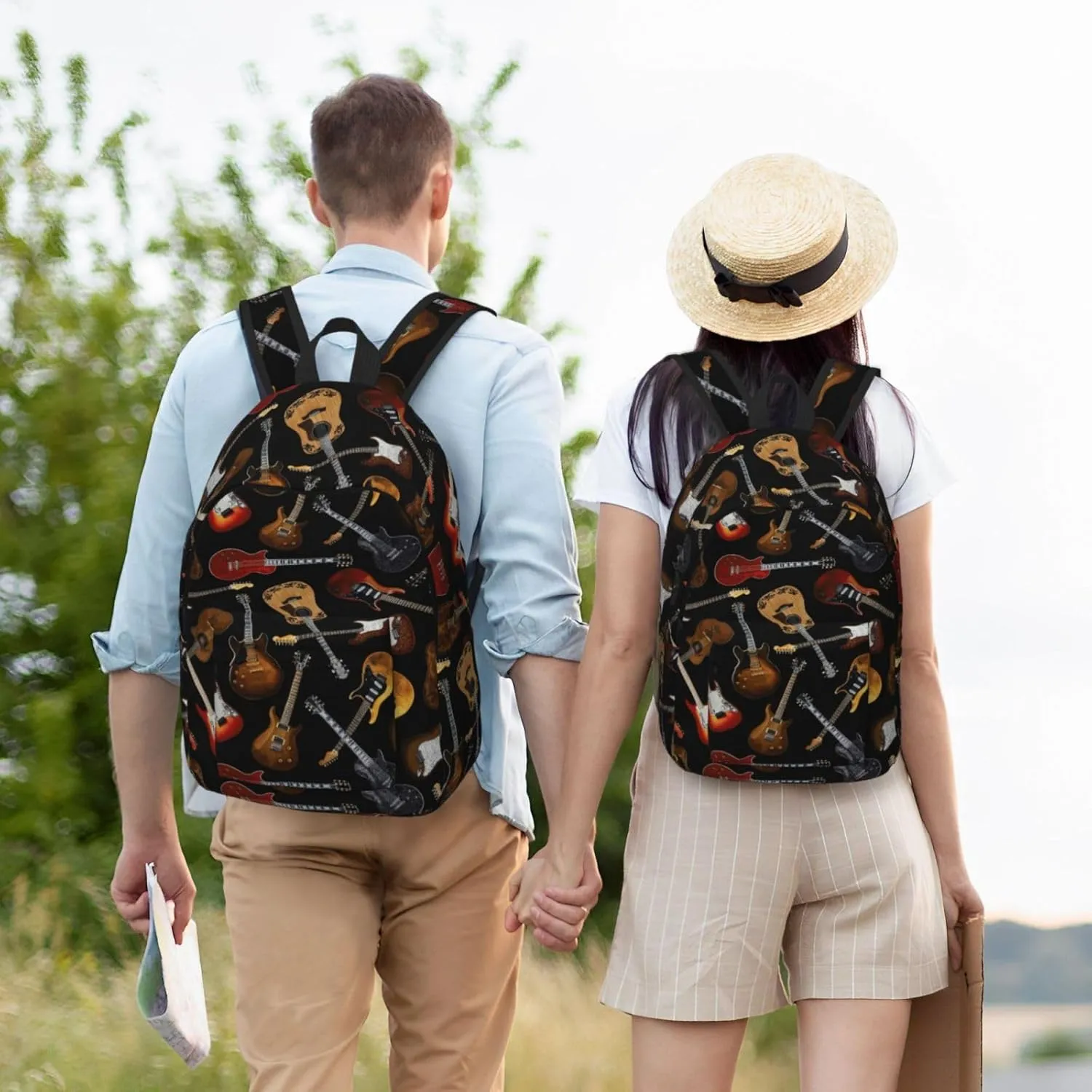 Guitars Print Canvas Backpack Women,Mens Travel Casual Daypack Bookbag For Laptop Work Travel Hiking