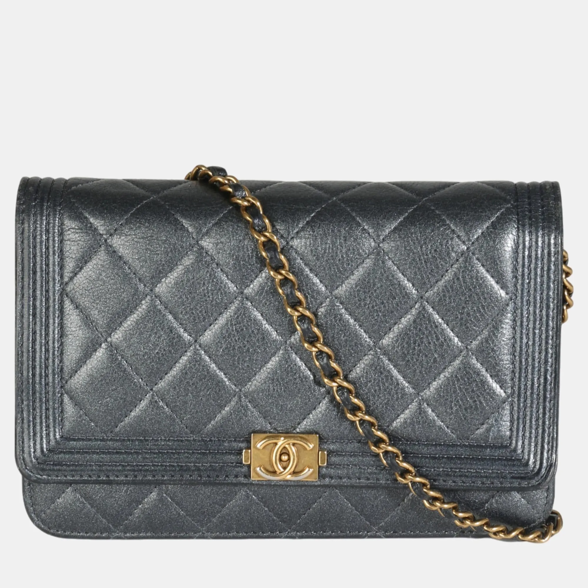 Gunmetal Quilted Lambskin Boy Wallet On Chain