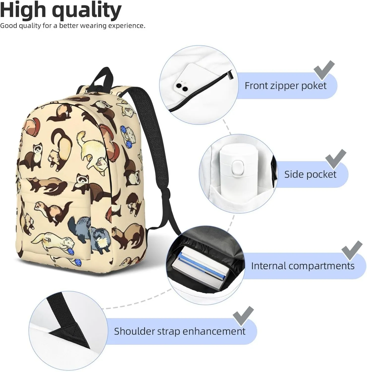 Hairy Ferret Print Canvas Backpack Women,Mens Travel Casual Daypack Bookbag For Laptop Work Travel Hiking