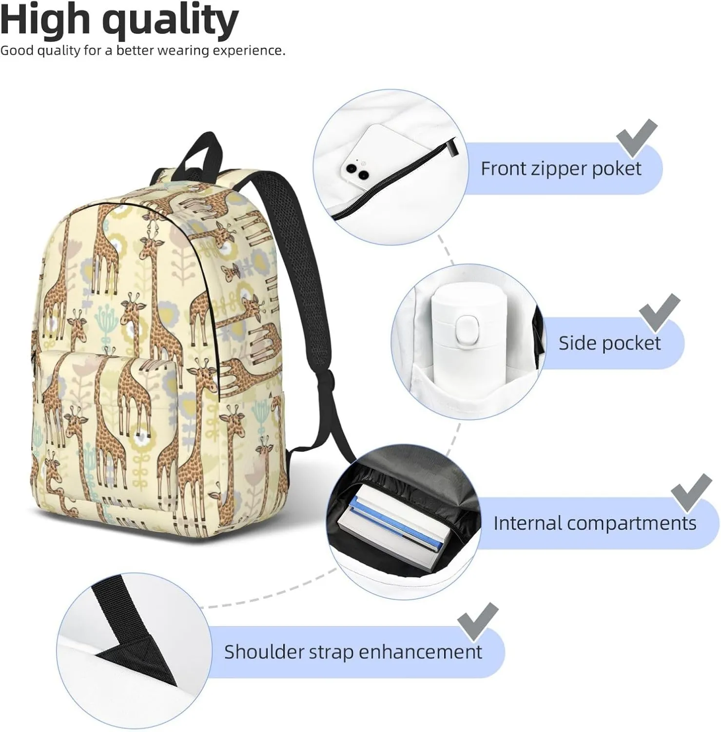 Hand Drawn Giraffes Print Canvas Backpack Women,Mens Travel Casual Daypack Bookbag For Laptop Work Travel Hiking
