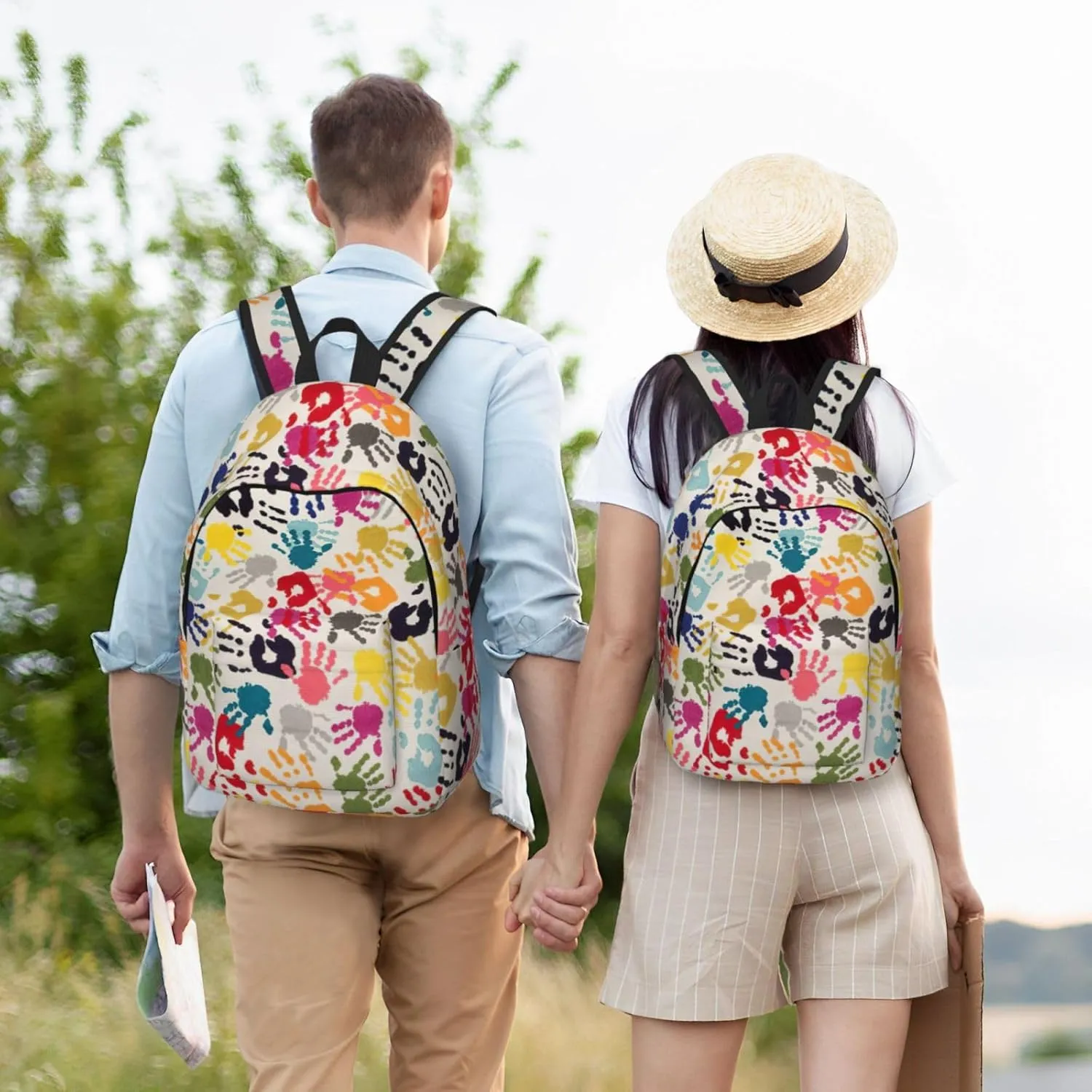 Hand Print Print Canvas Backpack Women,Mens Travel Casual Daypack Bookbag For Laptop Work Travel Hiking