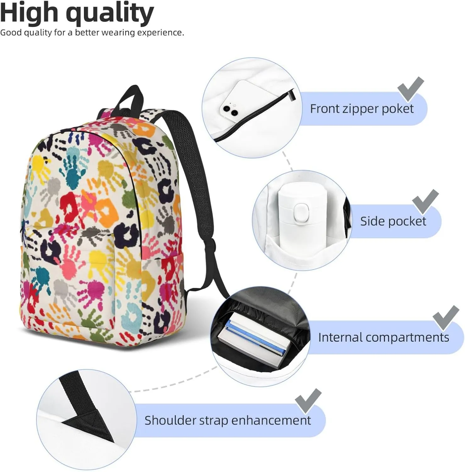 Hand Print Print Canvas Backpack Women,Mens Travel Casual Daypack Bookbag For Laptop Work Travel Hiking