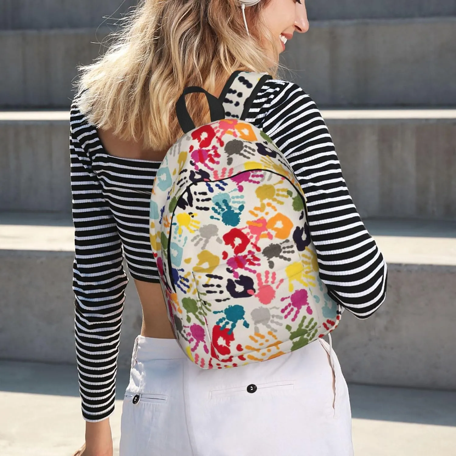 Hand Print Print Canvas Backpack Women,Mens Travel Casual Daypack Bookbag For Laptop Work Travel Hiking