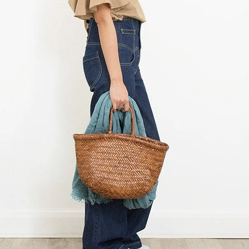 Handcrafted Grain Leather Summer Woven Bag, Woven Triple Jump Bamboo Style HandBag, Beach Bag, Basket Bag, Forest Green, Blue, White