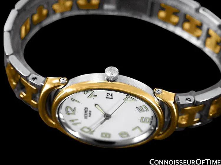 Hermes Mens Midsize Unisex Pullman Watch with Bracelet - 18K Gold Plated & Stainless Steel