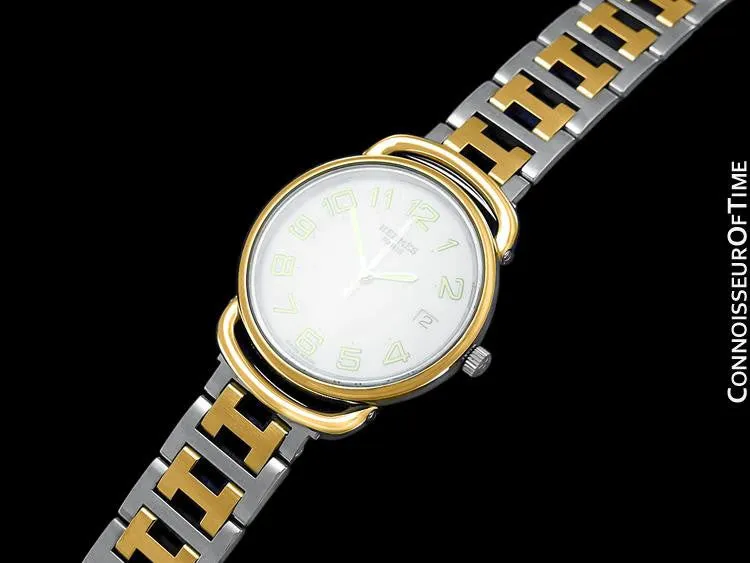 Hermes Mens Midsize Unisex Pullman Watch with Bracelet - 18K Gold Plated & Stainless Steel