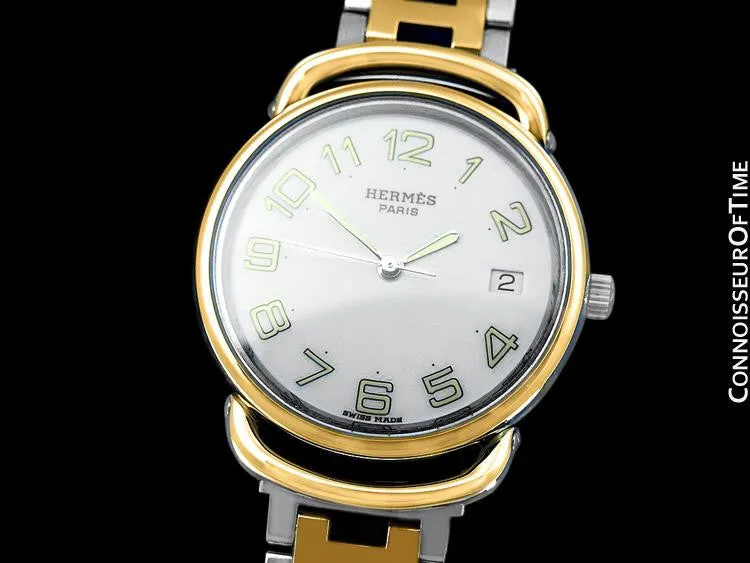 Hermes Mens Midsize Unisex Pullman Watch with Bracelet - 18K Gold Plated & Stainless Steel