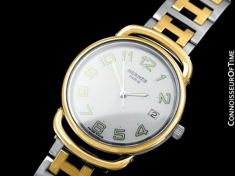 Hermes Mens Midsize Unisex Pullman Watch with Bracelet - 18K Gold Plated & Stainless Steel