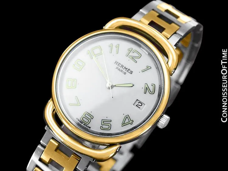 Hermes Mens Midsize Unisex Pullman Watch with Bracelet - 18K Gold Plated & Stainless Steel