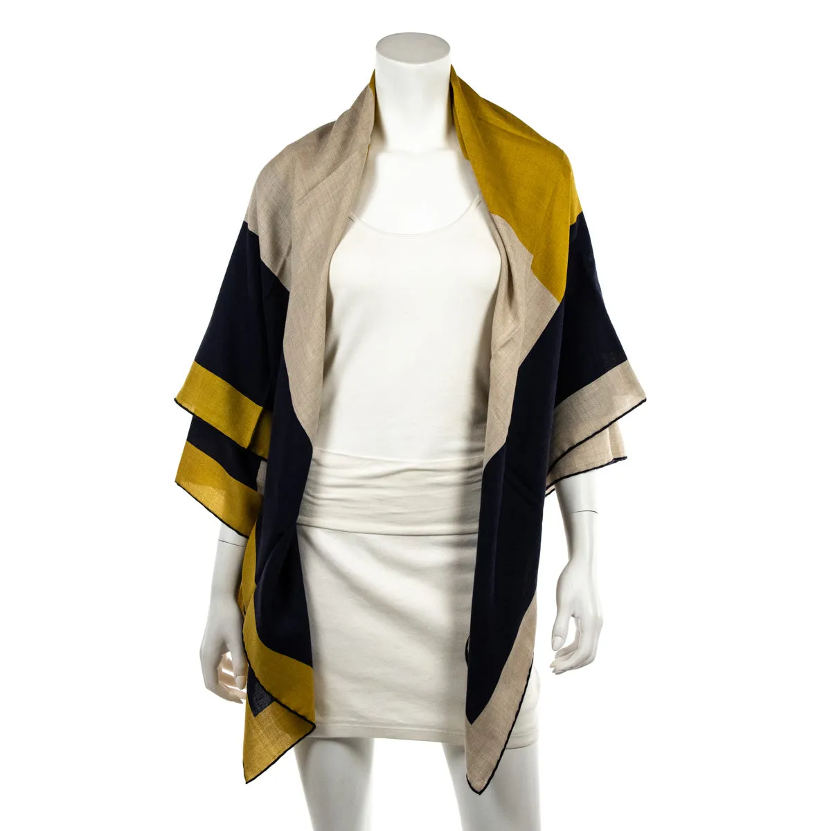 Hermes Navy, Yellow, & Beige H Au Carre Carre Geant Shawl 140