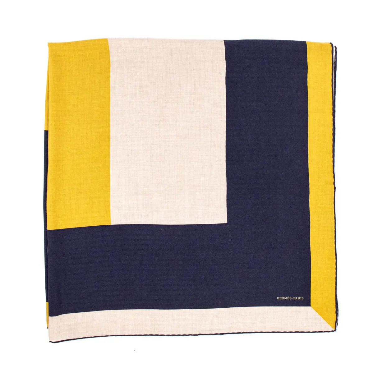 Hermes Navy, Yellow, & Beige H Au Carre Carre Geant Shawl 140