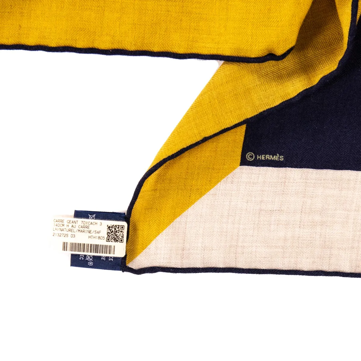 Hermes Navy, Yellow, & Beige H Au Carre Carre Geant Shawl 140