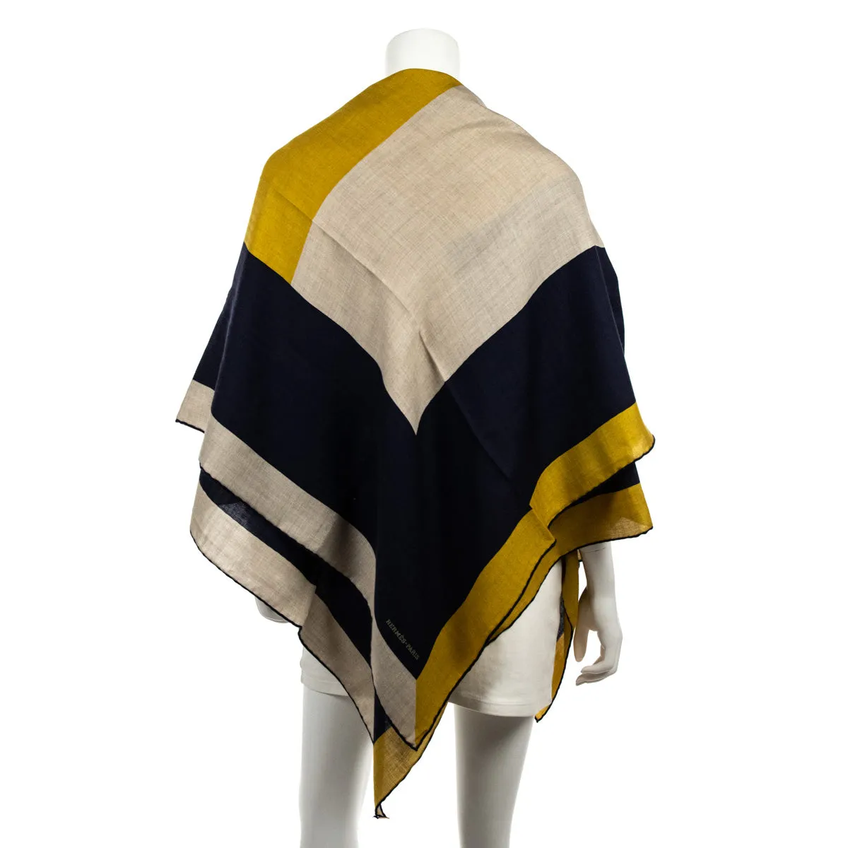 Hermes Navy, Yellow, & Beige H Au Carre Carre Geant Shawl 140