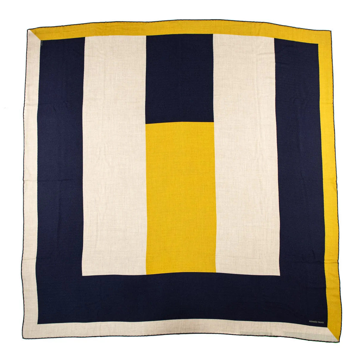Hermes Navy, Yellow, & Beige H Au Carre Carre Geant Shawl 140