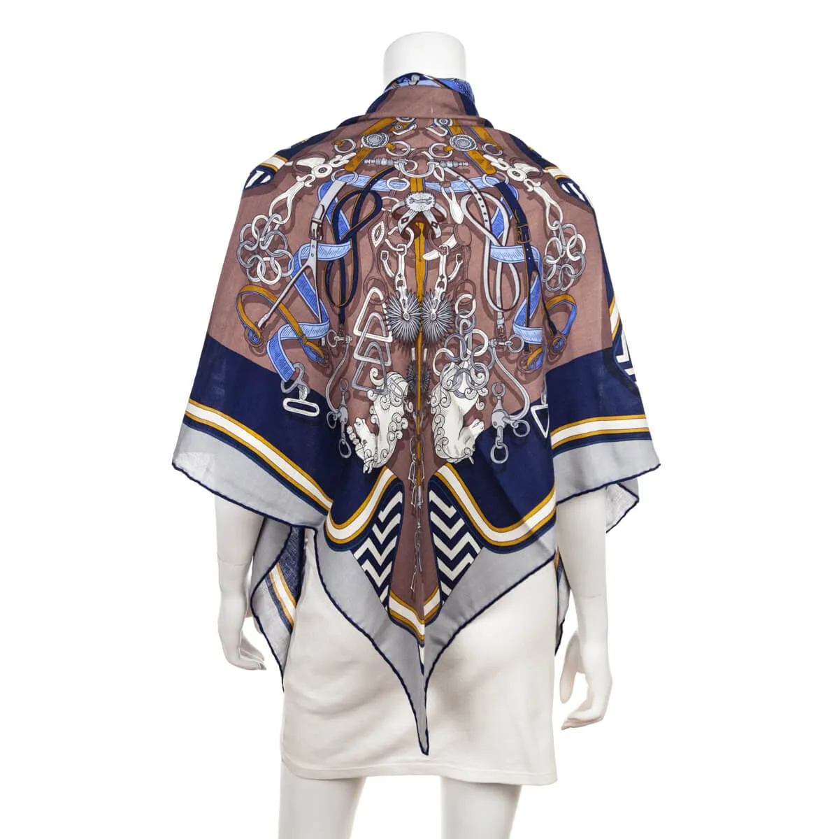 Hermes Taupe & Navy Bouquets Sellier Cashmere Giant Triangle Scarf