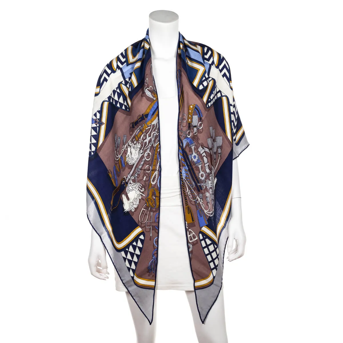 Hermes Taupe & Navy Bouquets Sellier Cashmere Giant Triangle Scarf