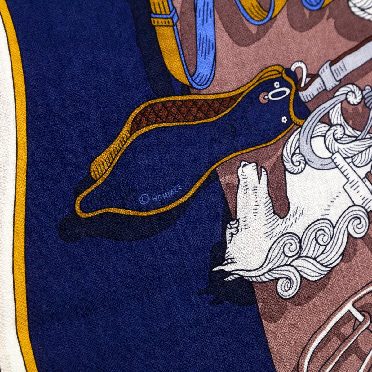 Hermes Taupe & Navy Bouquets Sellier Cashmere Giant Triangle Scarf