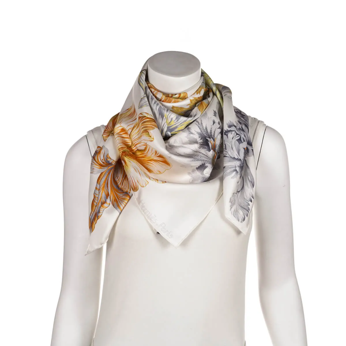 Hermes White & Orange Tulipomanie Silk Scarf 90