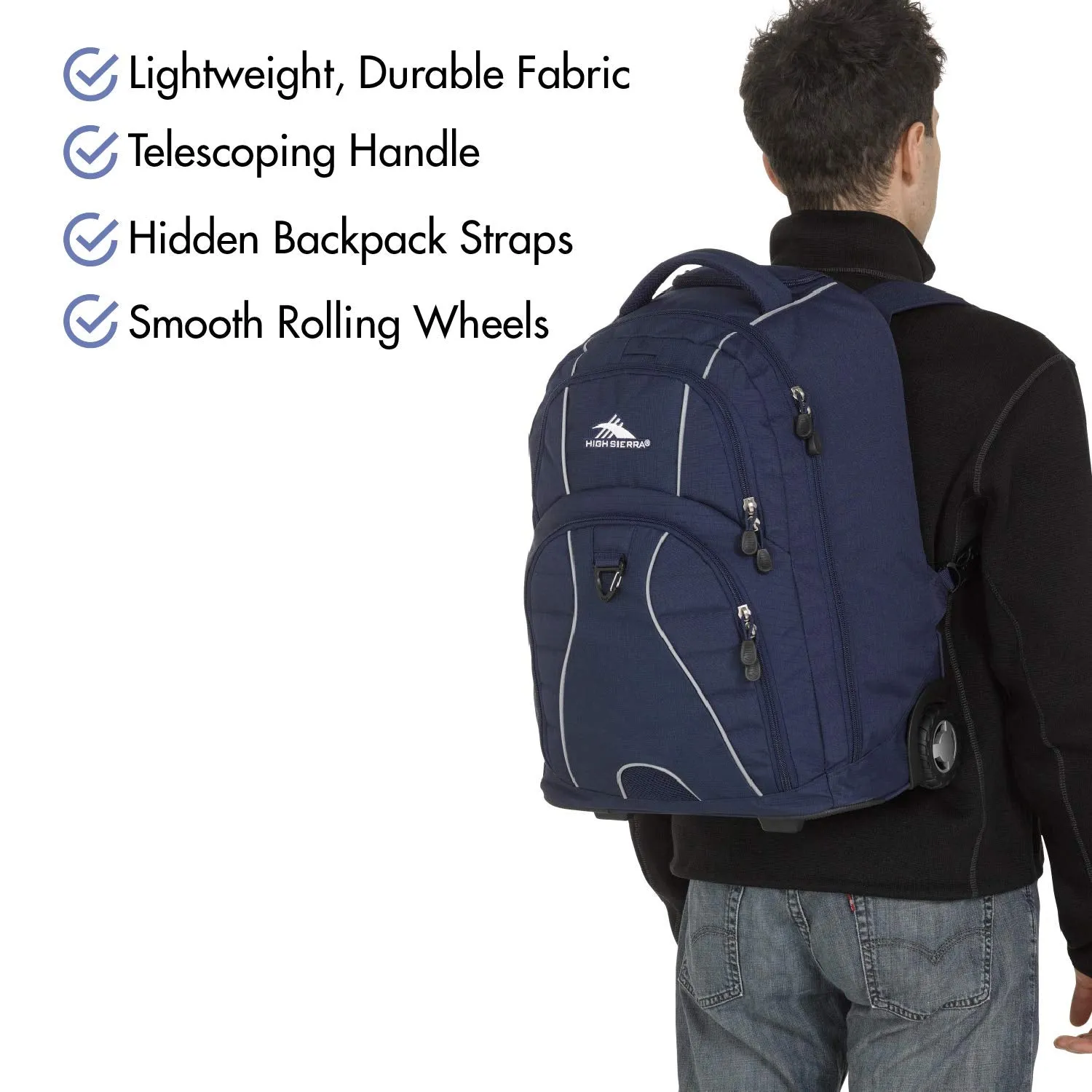 High Sierra Freewheel Wheeled Laptop Backpack, 15-inch Student Laptop Backpack for High School or College, Rolling Gamer Laptop Backpack, True Navy