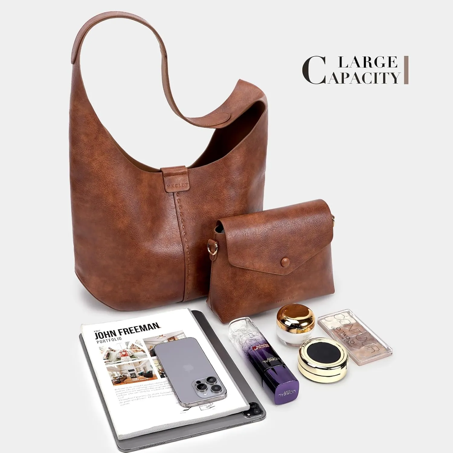 HKCLUF Hobo Bags for Women,Large Tote Slouchy Bags Soft Leather Shoulder Purses for Women with Small Crossbody Handbag