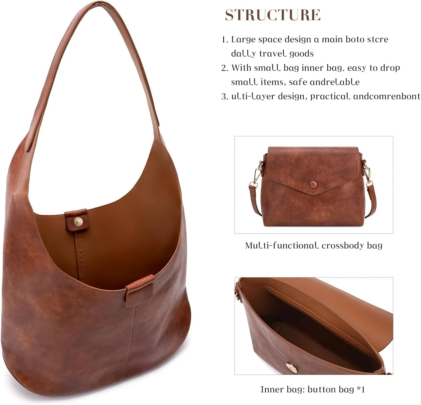 HKCLUF Hobo Bags for Women,Large Tote Slouchy Bags Soft Leather Shoulder Purses for Women with Small Crossbody Handbag