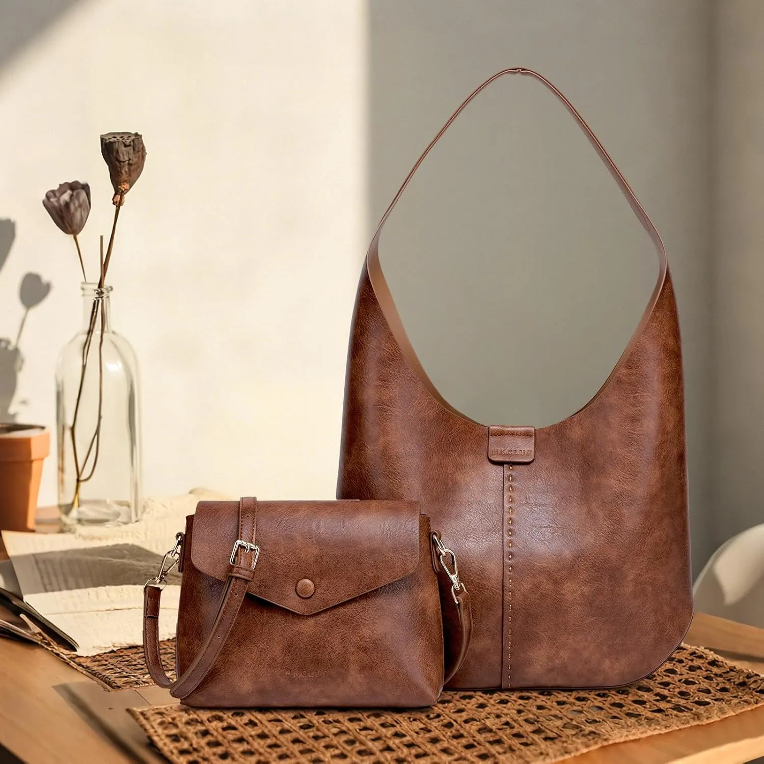 HKCLUF Hobo Bags for Women,Large Tote Slouchy Bags Soft Leather Shoulder Purses for Women with Small Crossbody Handbag
