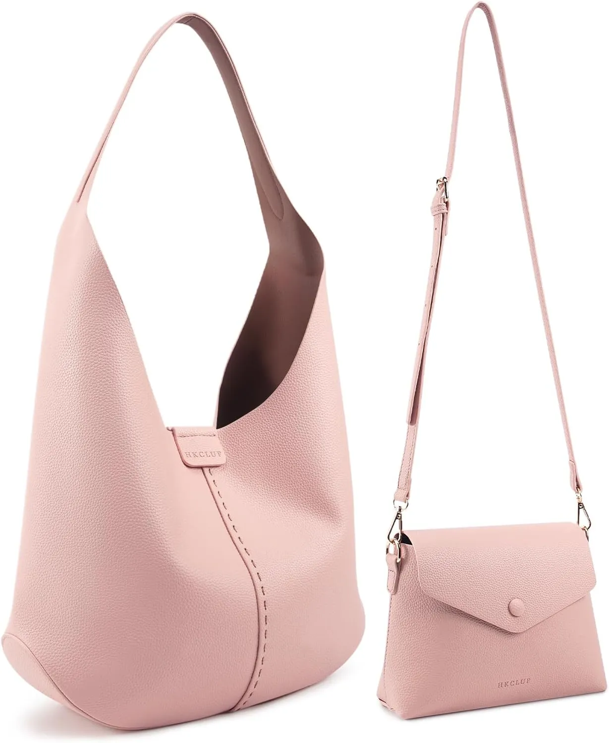 HKCLUF Hobo Bags Purses for Women 2PCS/Set,Soft Vegan Leather Slouchy Shoulder Hobo Handbags with Small Crossbody Bags for Women (pink)