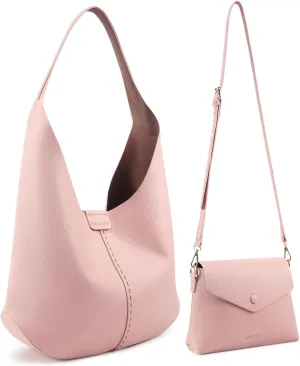 HKCLUF Hobo Bags Purses for Women 2PCS/Set,Soft Vegan Leather Slouchy Shoulder Hobo Handbags with Small Crossbody Bags for Women (pink)