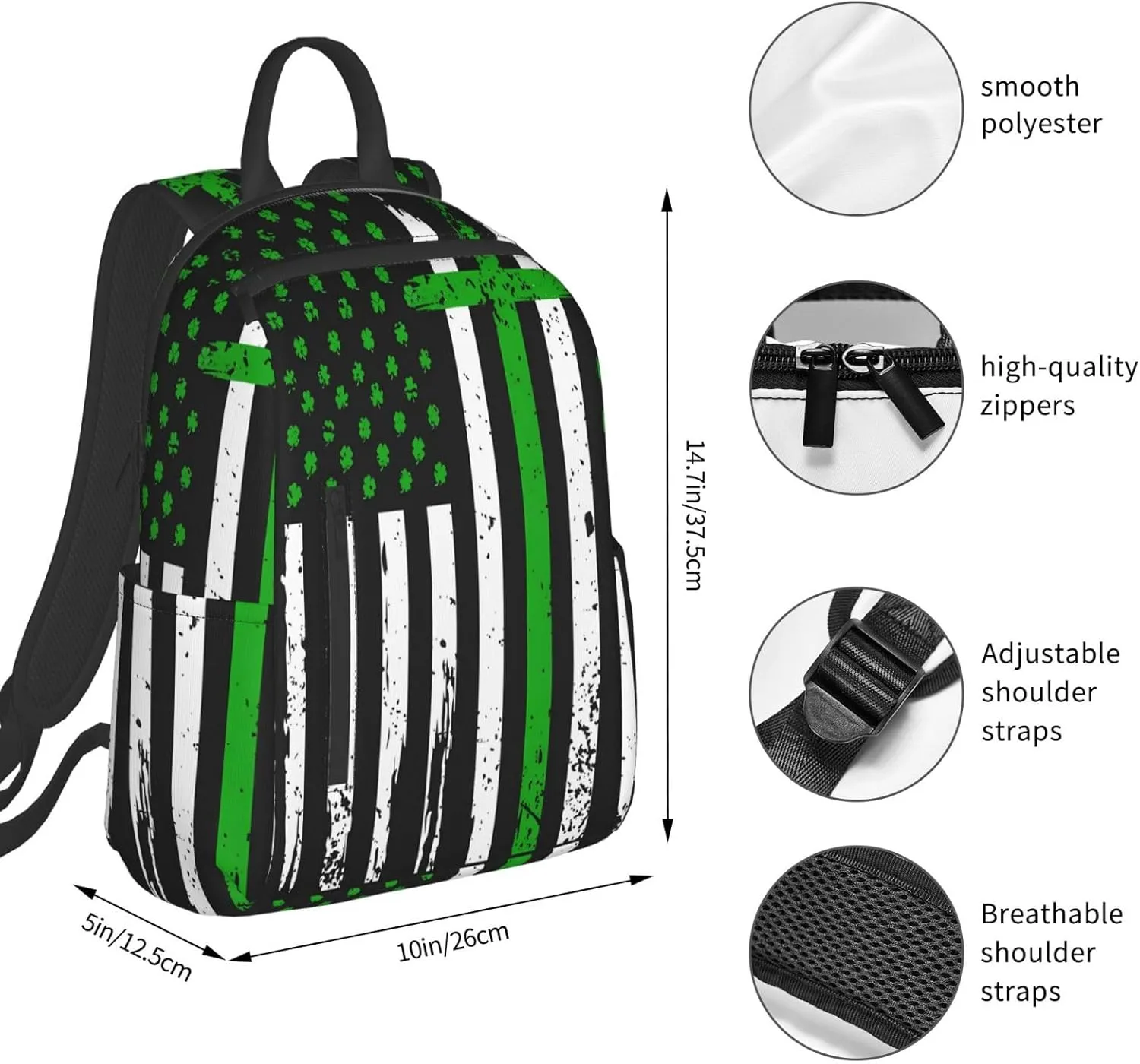 Irish American Flag Ireland Flag St Patrick's Day Casual Backpacks Laptop Backpack Outdoor Travel Rucksack Sport Carry-On Daypack Lightweight Bag with Multi-Pockets