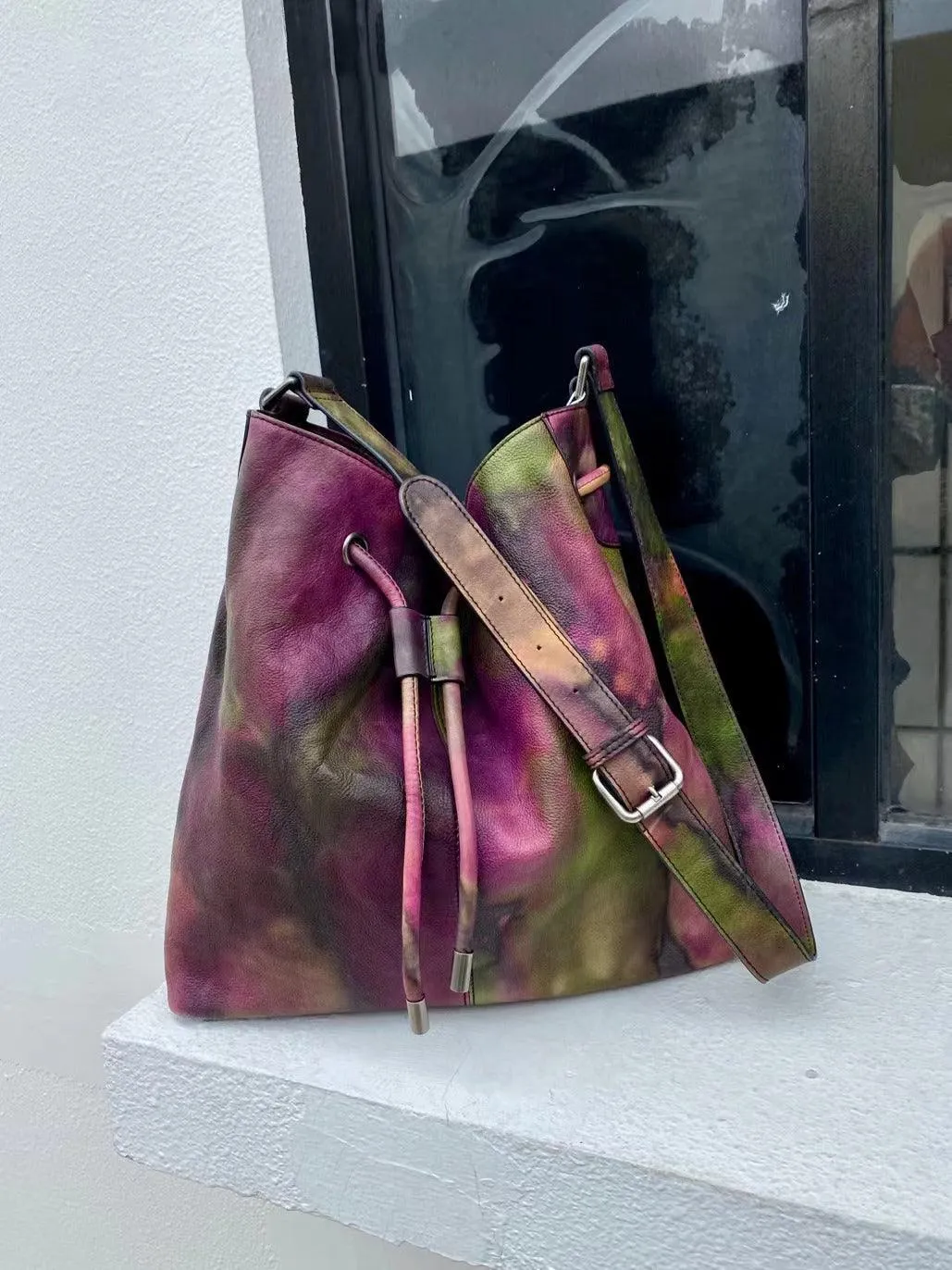 Italian Luxury Cowhide Leather Drawstring Bucket Bag in Camouflage Purple, Women Handcrafted High-End Genuine Leather Shoulder Bag