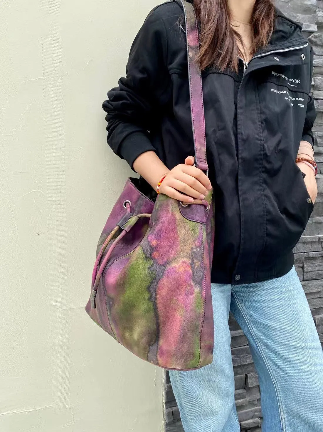 Italian Luxury Cowhide Leather Drawstring Bucket Bag in Camouflage Purple, Women Handcrafted High-End Genuine Leather Shoulder Bag