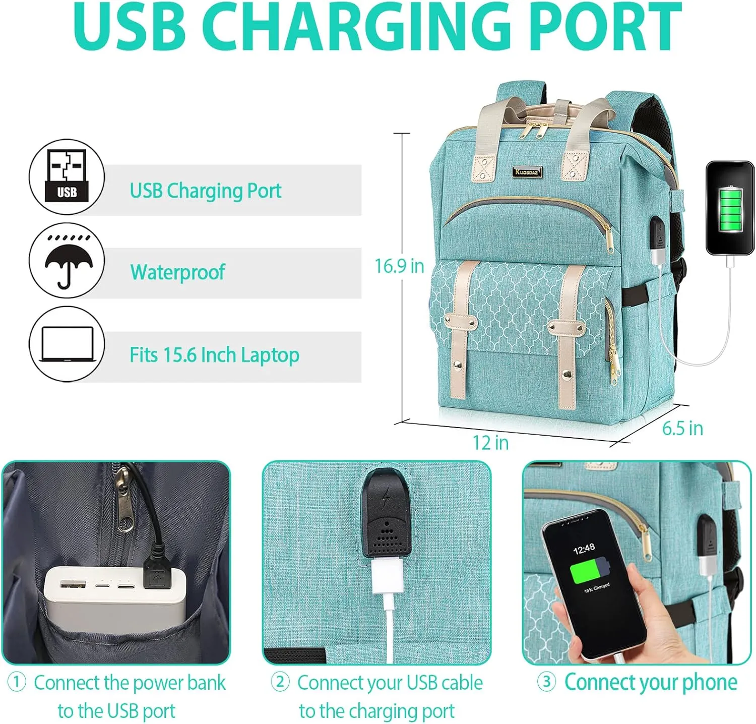 Laptop Backpack for Women, School Backpack for Teens, 15.6 Inch Work Laptop Bag with USB Charging Port, Wide Open Large Water Resistant Nurse Backpack Purse, Daypacks for College Business, Teal