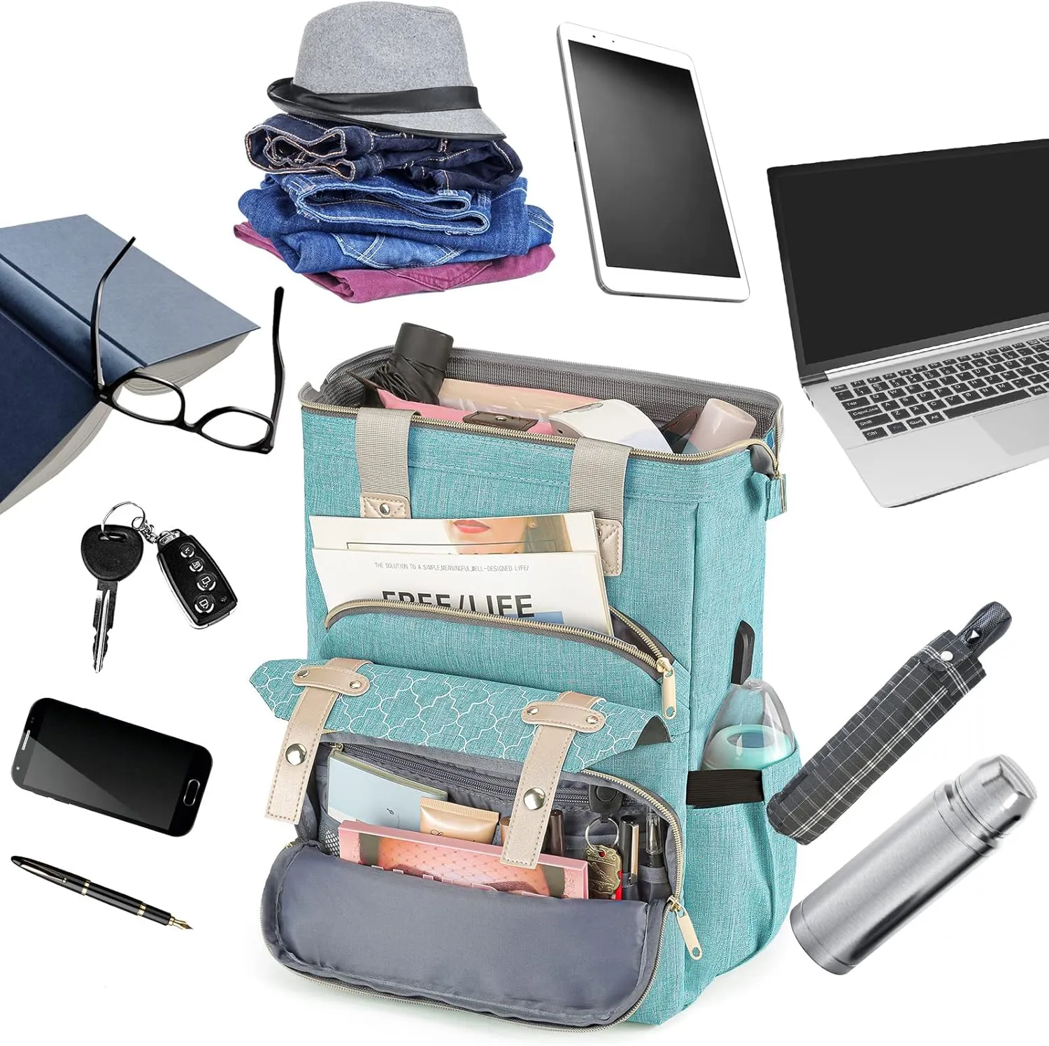 Laptop Backpack for Women, School Backpack for Teens, 15.6 Inch Work Laptop Bag with USB Charging Port, Wide Open Large Water Resistant Nurse Backpack Purse, Daypacks for College Business, Teal