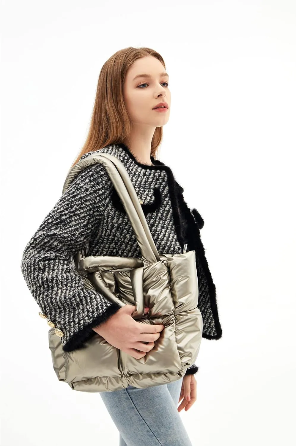 Large Lightweight Quilted Tote Bag for Women, Luxury Soft Padded Handbags, Winter Nylon Down Cotton Padding Shoulder Bags