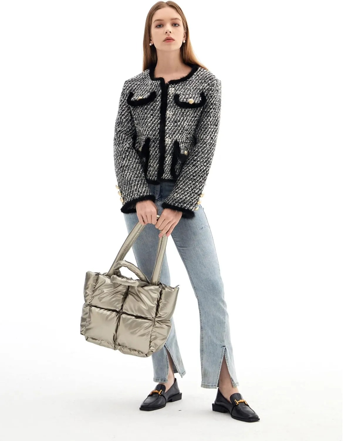 Large Lightweight Quilted Tote Bag for Women, Luxury Soft Padded Handbags, Winter Nylon Down Cotton Padding Shoulder Bags