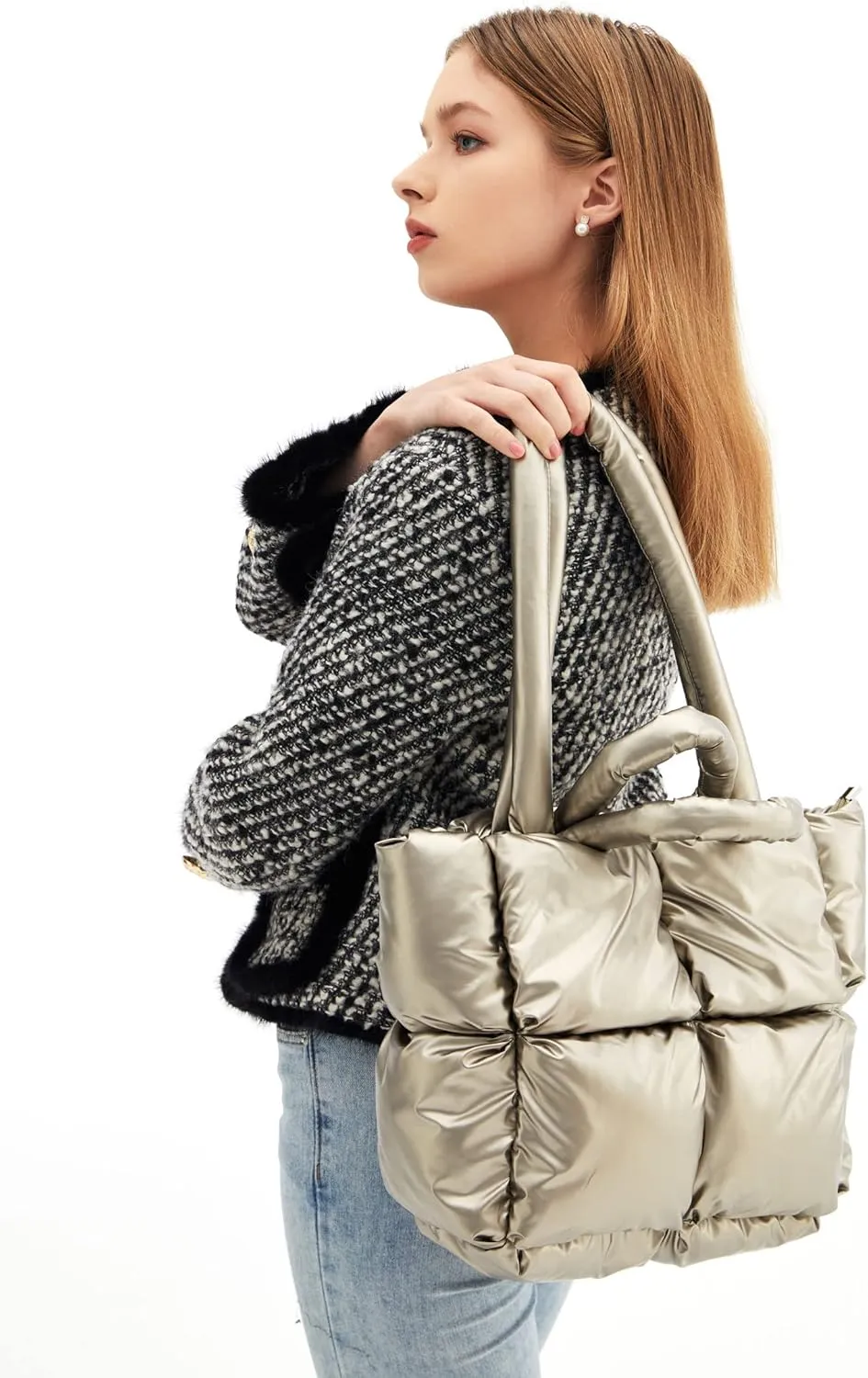 Large Lightweight Quilted Tote Bag for Women, Luxury Soft Padded Handbags, Winter Nylon Down Cotton Padding Shoulder Bags