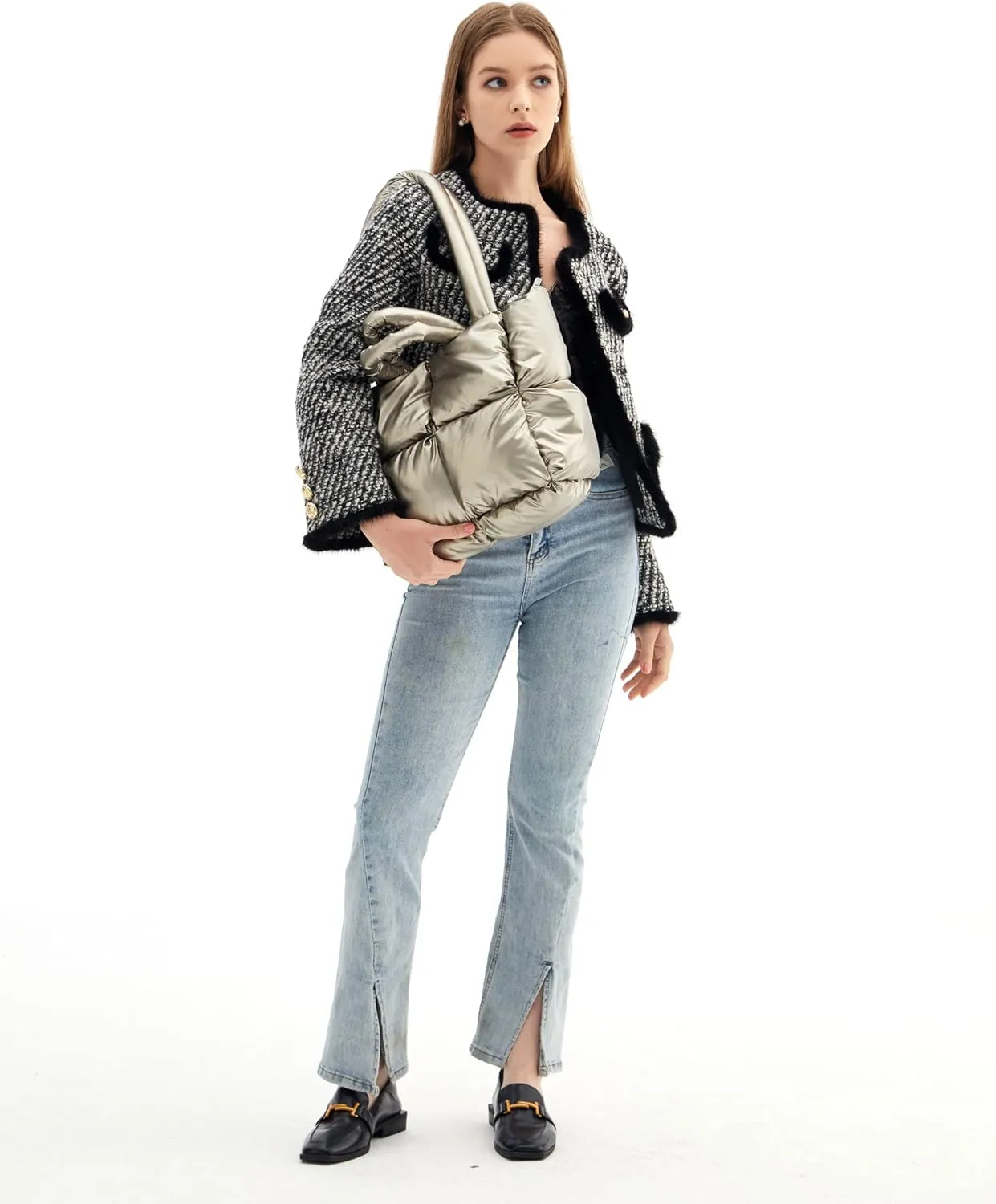 Large Lightweight Quilted Tote Bag for Women, Luxury Soft Padded Handbags, Winter Nylon Down Cotton Padding Shoulder Bags