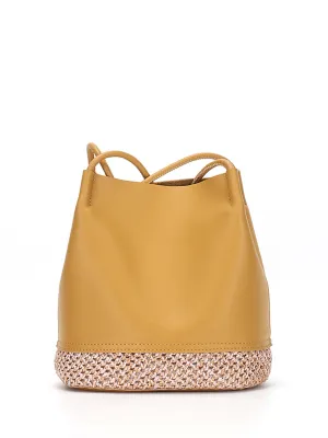 Leather Bucket Shoulder Bag Straw Braided Basket Bag Open-top Tote Bag