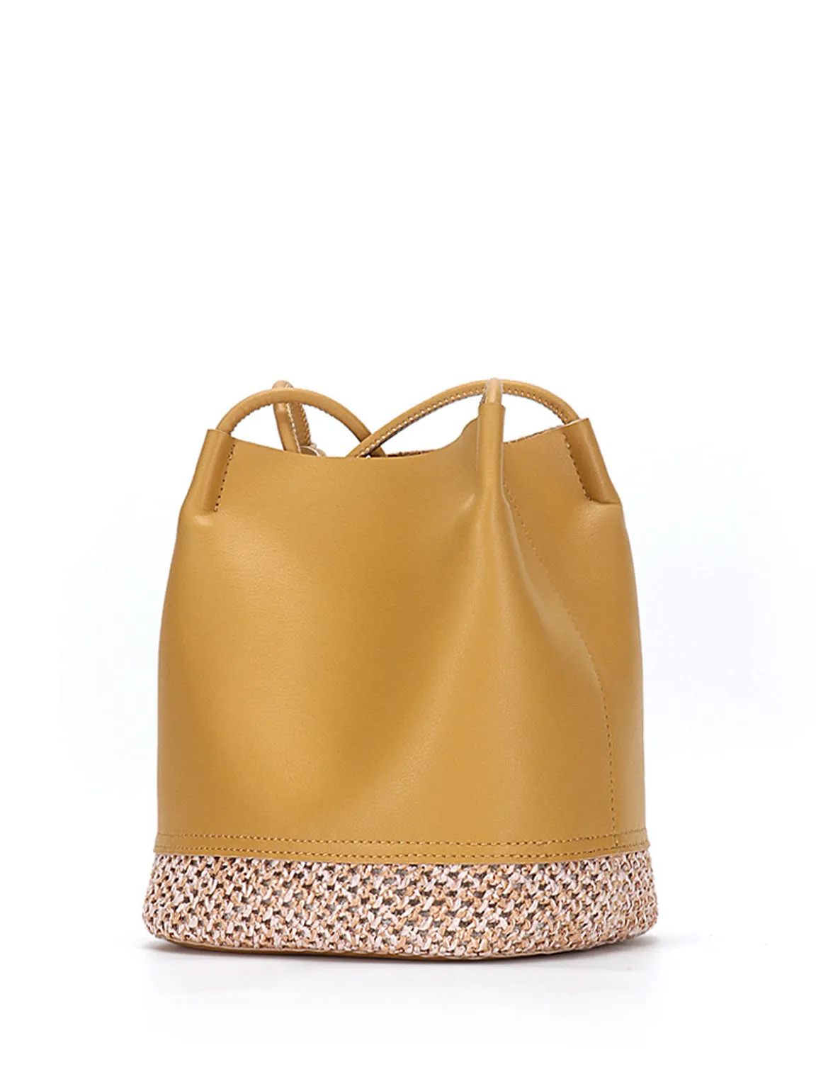Leather Bucket Shoulder Bag Straw Braided Basket Bag Open-top Tote Bag