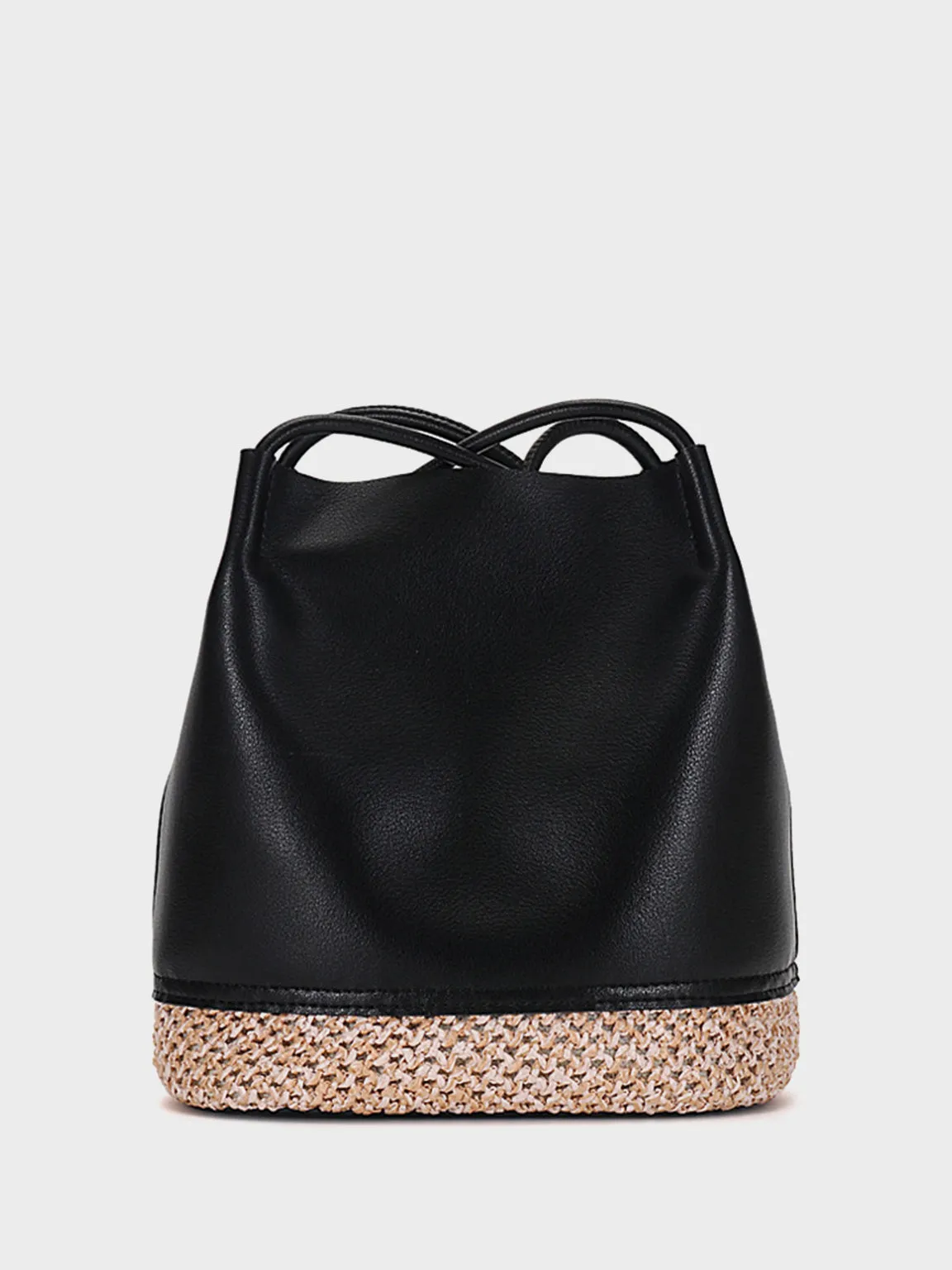 Leather Bucket Shoulder Bag Straw Braided Basket Bag Open-top Tote Bag