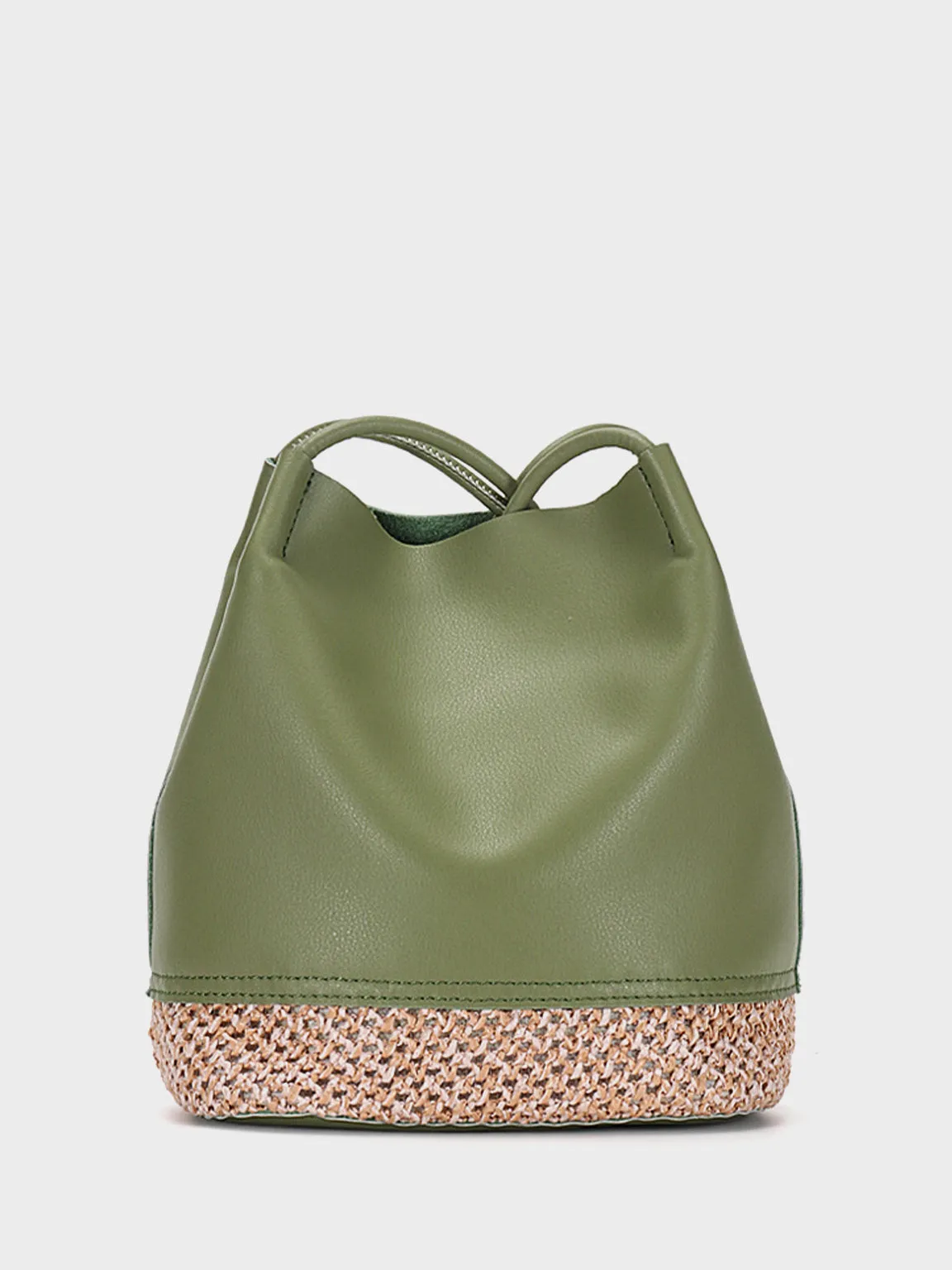 Leather Bucket Shoulder Bag Straw Braided Basket Bag Open-top Tote Bag