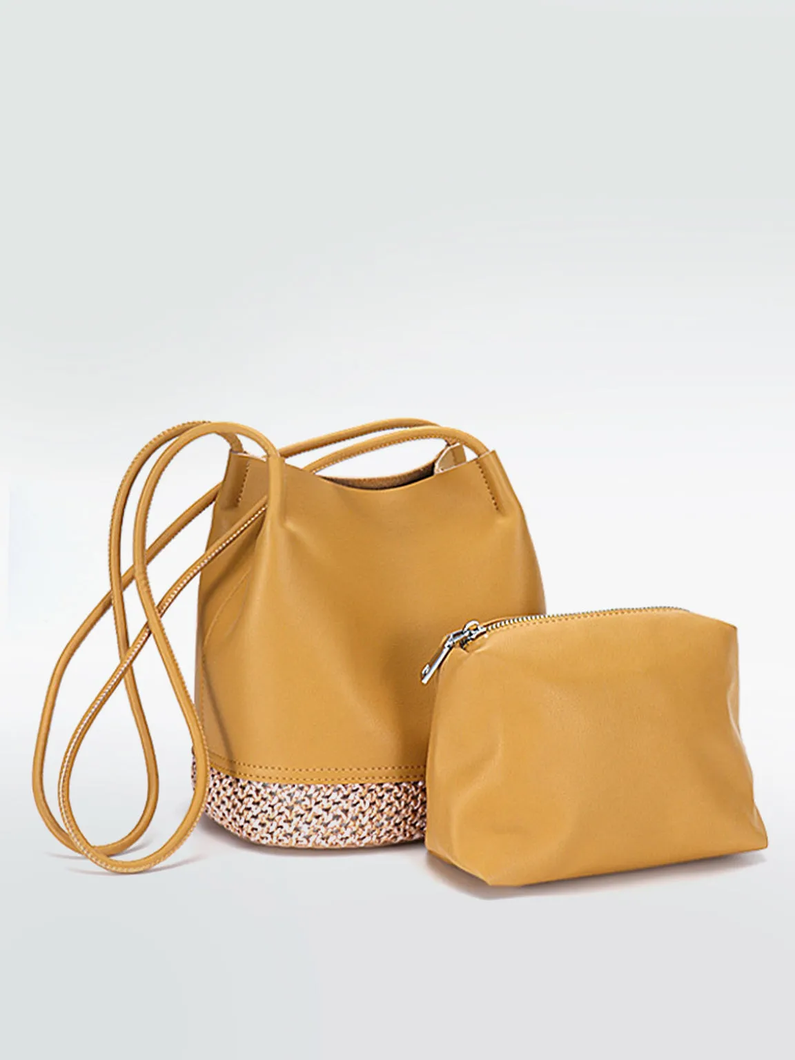 Leather Bucket Shoulder Bag Straw Braided Basket Bag Open-top Tote Bag