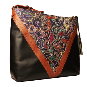 Leather Embroidery Shoulder HandBag - Black Blue