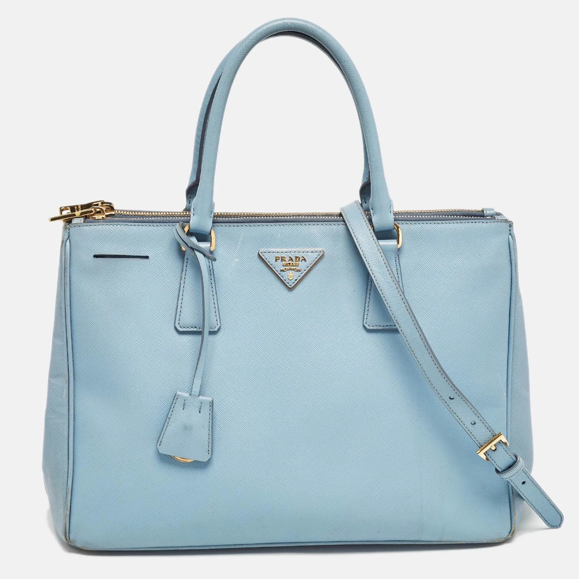 Light Blue Saffiano Lux Leather Large Double Zip Tote