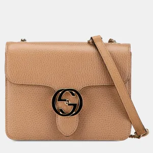 Light Brown Tone Leather Small Dollar Interlocking G Crossbody Bag