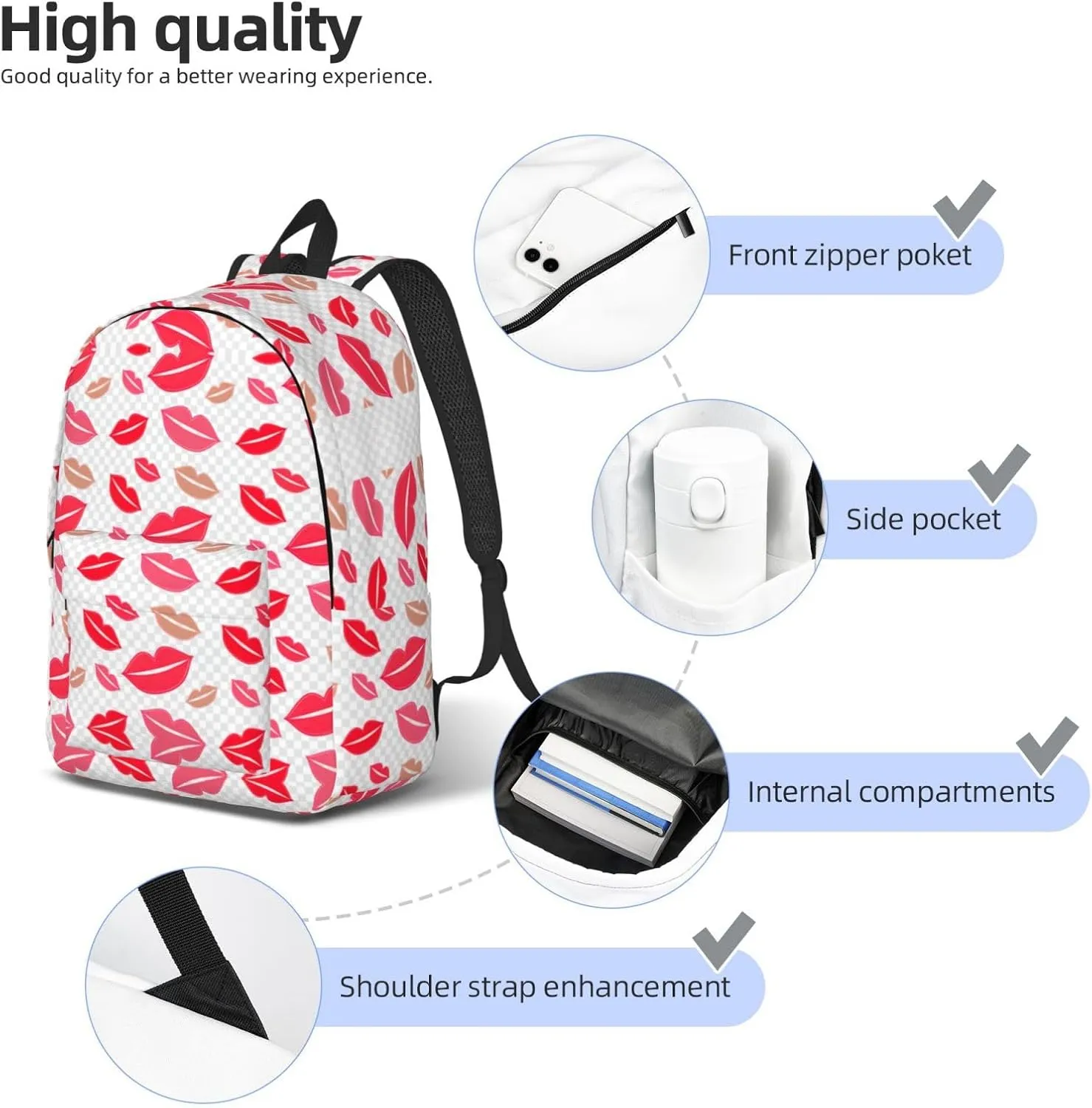 Lips Print Canvas Backpack Women,Mens Travel Casual Daypack Bookbag For Laptop Work Travel Hiking