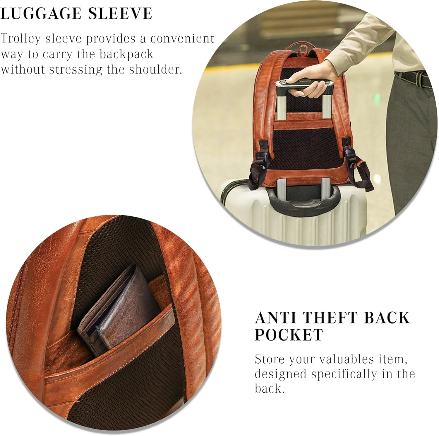 LUXEORIA Genuine Leather Backpack for Men and Women, Minimalistic Backpack, Handmade Retro Style 15.6" Laptop Bag, Daypack with Utility Pockets & Trolley Sleeve - Tan
